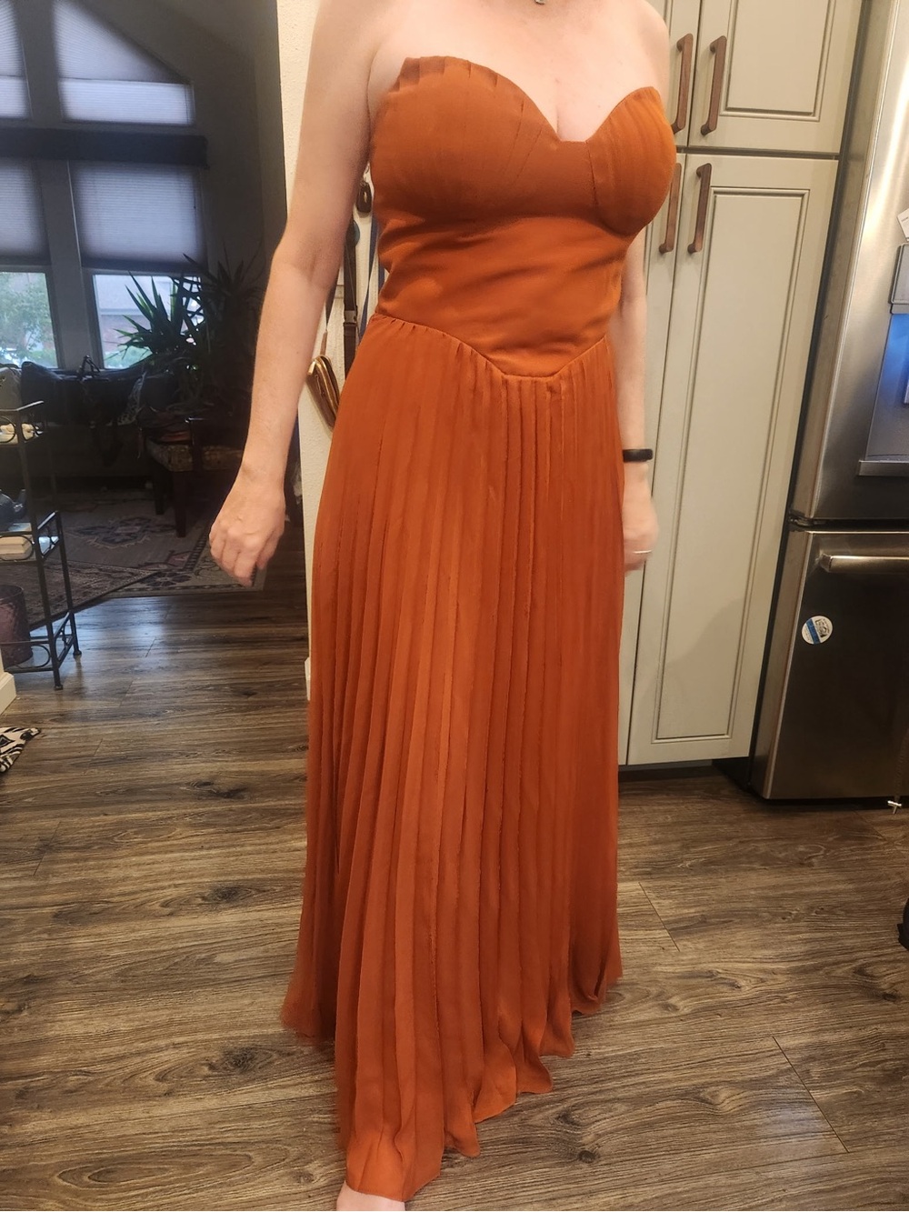 Strapless Pleated Maxi Dress in Rust orange
